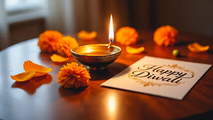 “Happy Diwali” greeting card with an antique brass oil lamp featuring beautiful decorative motifs.