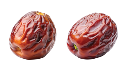 Single Date Fruit Close-Up: Close-up of a single plump date fruit, showing shiny skin and detailed texture, PNG style.