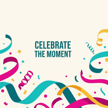 Festive event background with colorful falling confetti and streamers