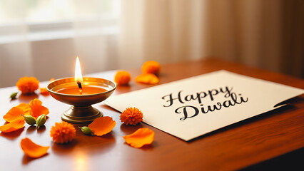 “Happy Diwali” greeting card with an antique brass oil lamp featuring beautiful decorative motifs.