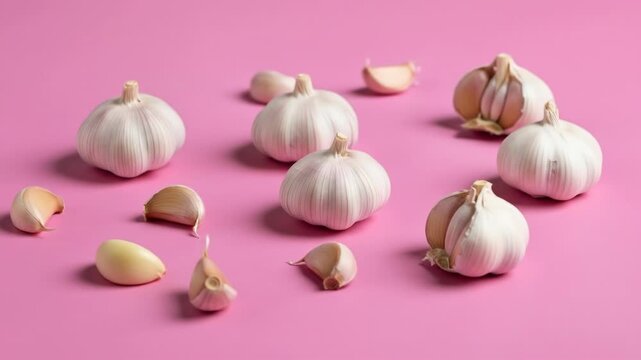 Scattered garlic bulbs and cloves arranged on a pink surface