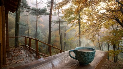 calm autumn morning in misty forest, steaming cup of coffee outdoors, rustic wooden cabin porch, cozy fall retreat, nature connection, self-care, slow living, escape, digital detox, eco lifestyle.