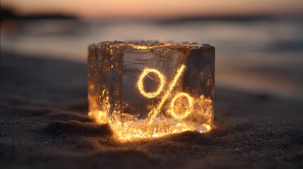 Illuminated percentage symbol glows brightly inside a melting ice cube resting on dark sand at twilight