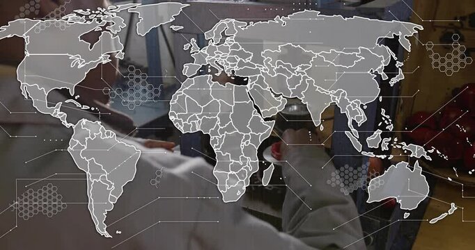 Map graphic fading guiding technician picking sample aligning under press pressing for lab test
