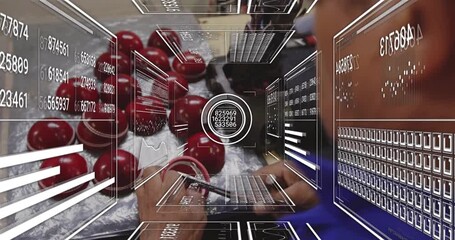 operator grabbing leather shells in manufacturing, sewing seam to assemble ball with data overlay - Powered by Adobe