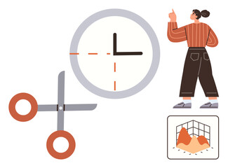 Woman gesturing towards circular clock and scissors, representing cutting time or efficiency, near a performance chart. Ideal for productivity, efficiency, decision-making, business, planning