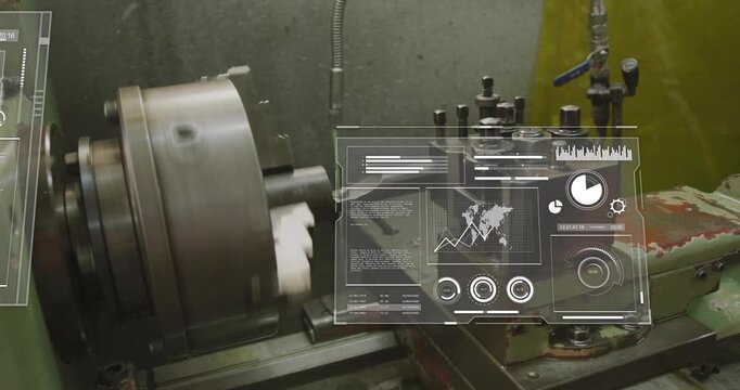 Lathe starting initiating machining workpiece as HUD panels appearing updating production data
