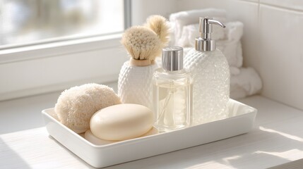 Collection of white and clear bath accessories rests on a bright window ledge