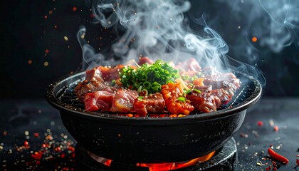 Japanese BBQ (yakiniku) with smoke effect, stylish look, area left open for slogan