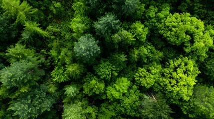 Aerial view displays dense, lush canopy of varied green woodland foliage