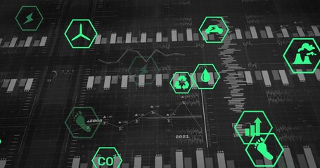 Green footprint icon initiating chart expanding and dashboard scrolling showing yearly eco metrics - Powered by Adobe
