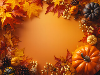 Autumn-themed frame with pumpkins, maple leaves, berries, and warm orange background. Perfect for seasonal, festive, or Thanksgiving design use.