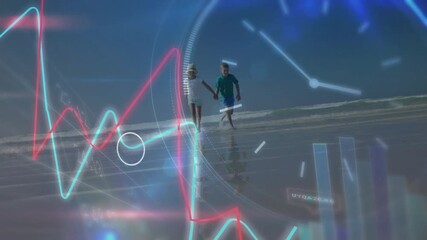 Camera pulling back showing beach as siblings running with neon graphs evolving into analytics bars - Powered by Adobe