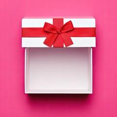 Open white gift box with red ribbon and bow rests on a pink background.