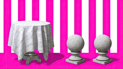 Round marble table draped with cloth near stone spheres against pink and white stripes.