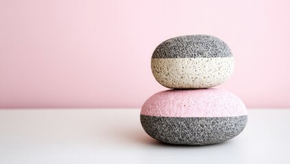 Two decorative stones with pink and gray stripes are stacked.