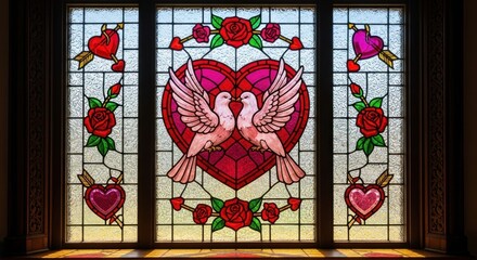 Stained Glass Window: Doves, Hearts, Roses, and Love's Arrows.