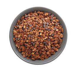 Delicious granola with chocolate chips in bowl isolated on white, top view