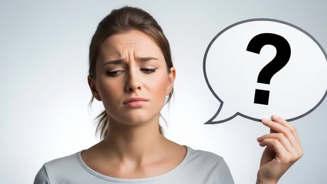 Uncertain woman holding question mark speech bubble looking down