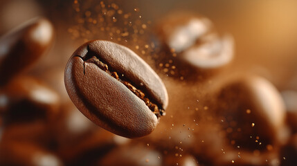Coffee Bean Macro: A close-up shot of a single coffee bean against a blurred backdrop of other beans, showcasing the rich texture and warm color, giving a feeling of sensory awakening.