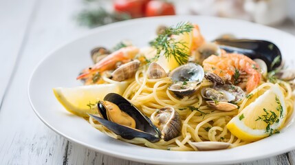 Gourmet seafood pasta dish garnished with fresh citrus and herbs rests on a light surface