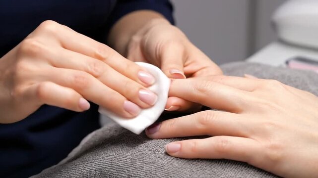 Manicurist Removing Old Nail Polish with Cotton Pad
