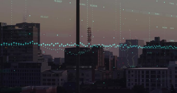 Upon starting animation, data graph undulating across skyline, nodes shifting showing changes