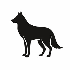 Stylized black vector silhouette of a fox with a curled tail, smooth lines and simple shape, white background, editable vector for logo design