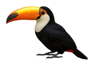 Naklejka premium Toco toucan bird standing, large orange and yellow beak, black plumage, exotic tropical wildlife animal with transparent background