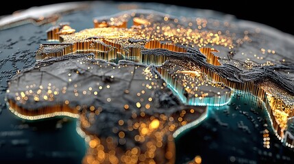 3D illuminated global map, showing land masses and glowing city lights