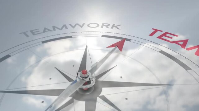 On start launching red arrow needle spinning across TEAMWORK letters, lighting them to depict unity