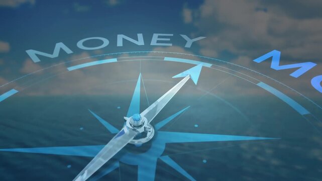 3D compass needle rising triggers arcs lighting and MONEY letters rotating signaling money focus