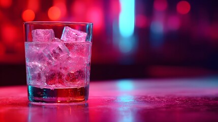 Clear beverage with large ice cubes rests on a reflective surface under vibrant neon illumination