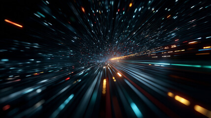 Naklejka premium Speed of Light: Dynamic streaks of light shoot through a vast, inky space, creating a visual symphony of velocity and movement.