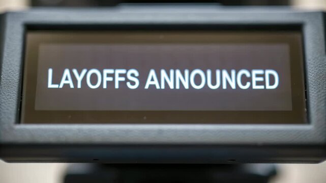 Layoff announcement on digital screen with finger pointing highlighting job loss, unemployment, depression, and uncertainty in job market economy