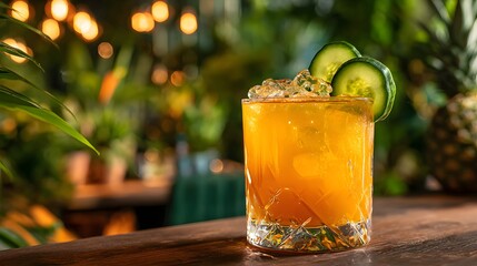Refreshing citrus beverage with ice and cucumber garnish rests on a wooden surface amidst lush greenery