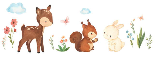 Watercolor deer, bunny, squirrel illustration for kids © Olga Listopad