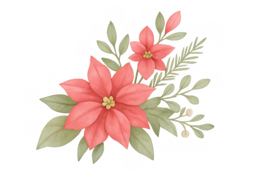 Hand painted watercolor poinsettia flower arrangement for christmas and winter holidays, transparent background - Powered by Adobe
