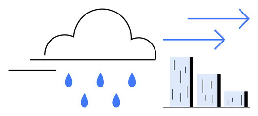 Cloud releasing raindrops, arrows indicating forward movement, and bar chart symbolizing data analysis. Ideal for data visualization, analytics, weather report, progress, growth, trends forecasting
