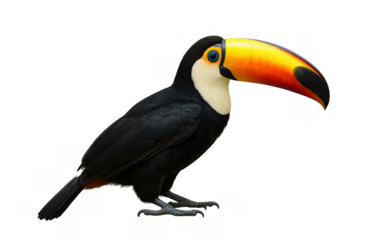 Toucan bird standing, showing colorful large beak, tropical wildlife animal on transparent background