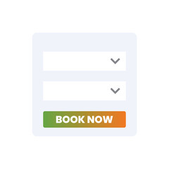 Digital art: a booking form with two dropdown menus above a gradient "BOOK NOW" button, isolated on a white background, clean, simple, and inviting.
