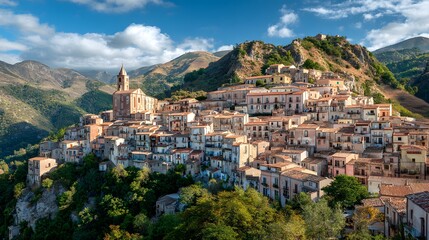 Obraz premium Historic hillside village clusters densely on a steep slope surrounded by rugged mountains under a bright sky