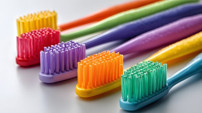 Row of colorful plastic toothbrushes angled across a light surface