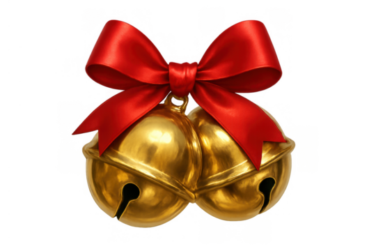 Golden sleigh bells attached with a bright red ribbon bow, symbolizing festive christmas holidays and winter celebrations - Powered by Adobe