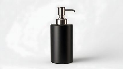 Obraz premium Matte black cylindrical dispenser bottle with metallic pump mechanism sits against a bright white background