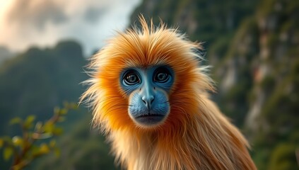 Fototapeta premium Golden snub nosed monkey gazes intently with its striking blue face and golden fur in nature
