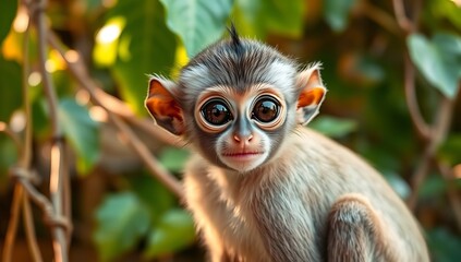 Fototapeta premium Closeup of a cute baby monkey with big eyes looking at the camera in a natural setting with foliage
