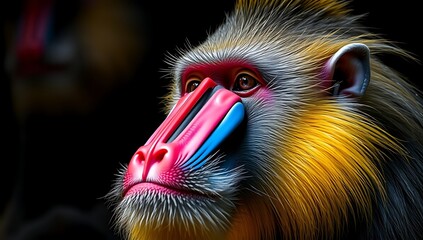 Closeup of a colorful mandrill monkey face with vibrant colors and intricate details in a dark background