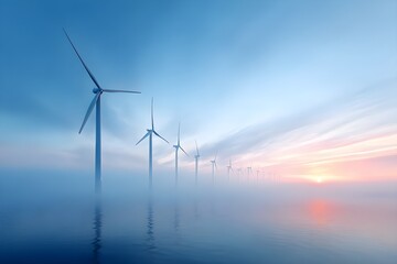 Offshore Wind Farm Emerging from Ocean Mist at Sunrise for Renewable Energy and Sustainable Power Generation