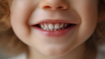 Close up shot captures joyful wide smile revealing healthy baby teeth of a young child